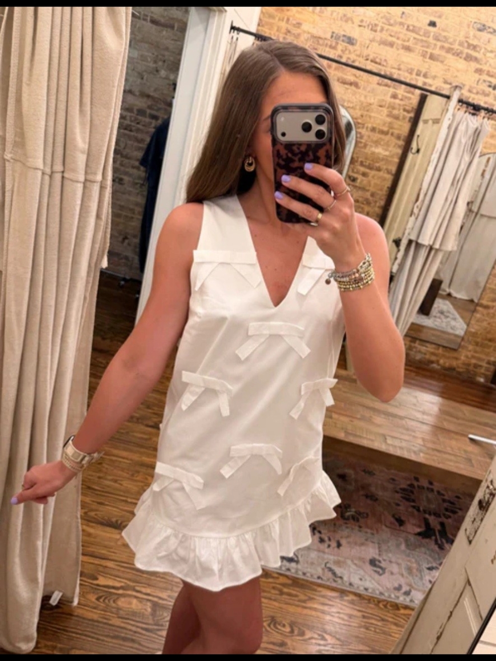 White Bow-Accent Ruffle Hem Sleeveless Dress